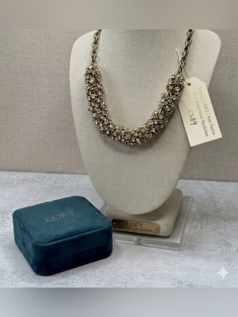 Vintage LOFT Ann Taylor Y2K Gold Crystal Statement Necklace EUC